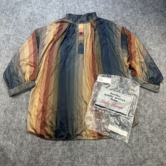 Vintage 80s Blouse Women Extra Large Striped Satin Made In USA Deadstock - Picture 1 of 14